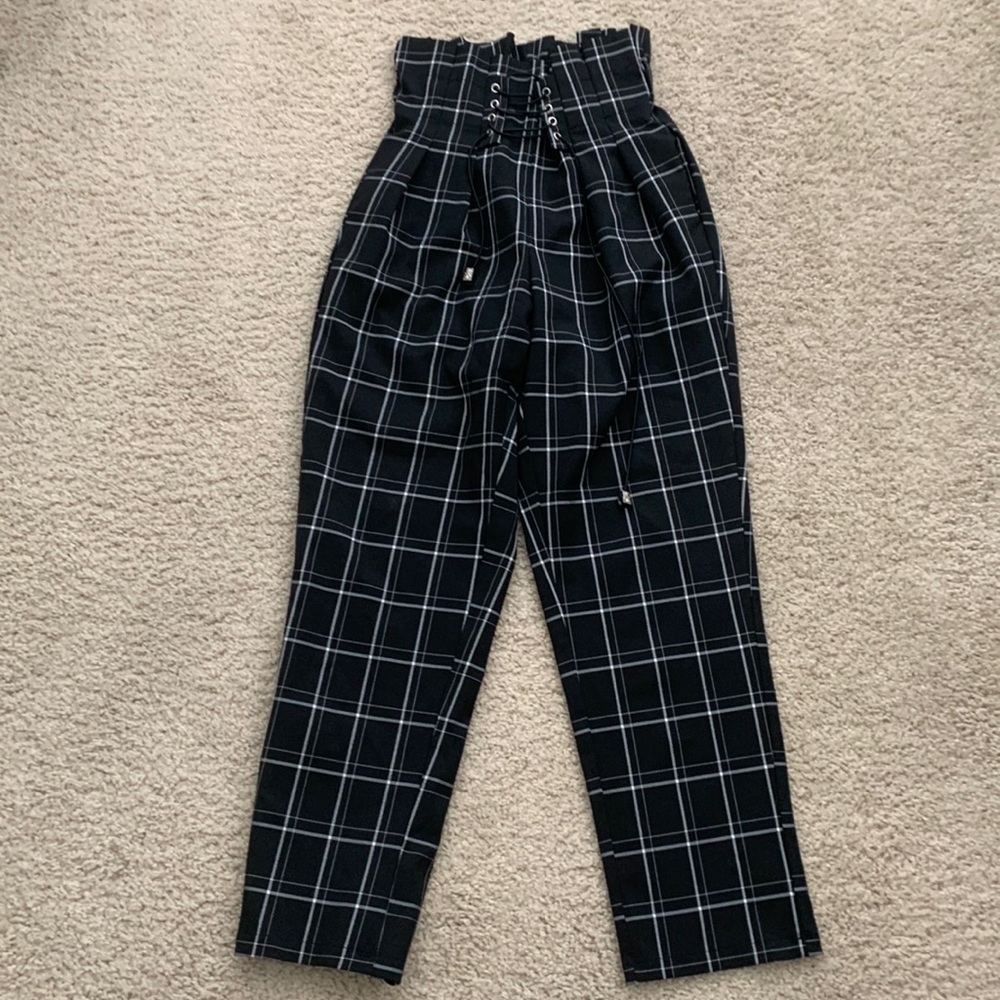 YesStyle Black and White Plaid Pants with Corset Detail Size XS
